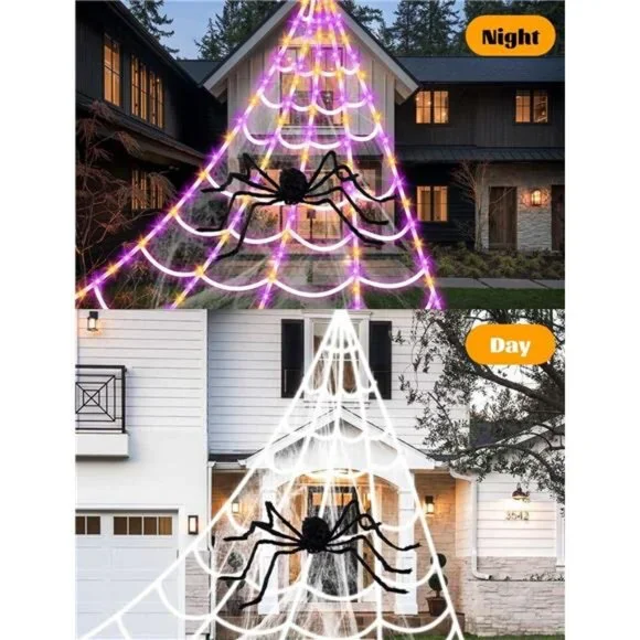 Giant Spider Web Halloween Decor Light w/ 250 LEDs 16.4FT Net 4Ft Spider 8 Modes